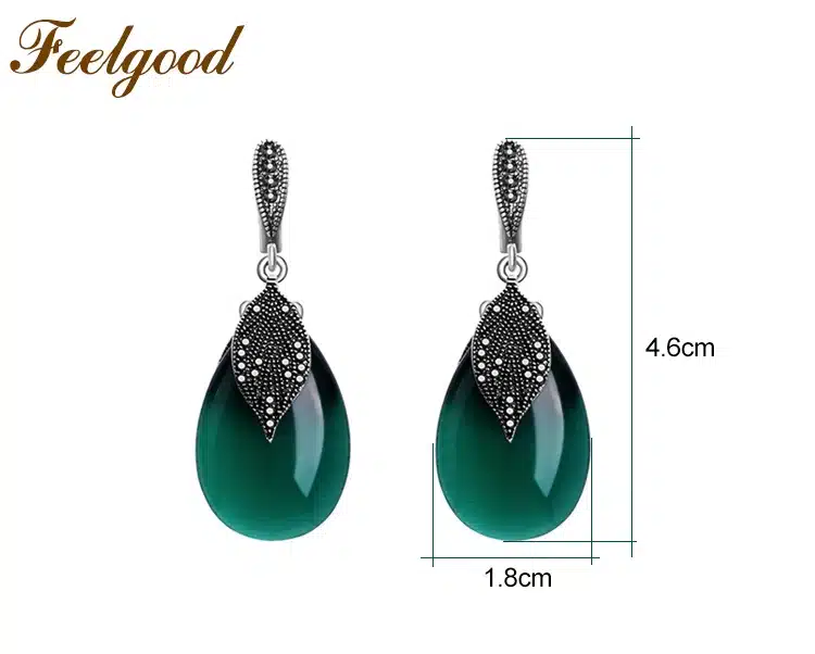 Feelgood Silver Color Vintage Jewelry Black Crystal And Green Opal Natural Stone Drop Earrings For Women Wedding Party Gift 15