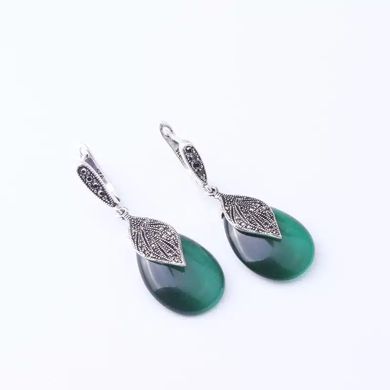 Feelgood Silver Color Vintage Jewelry Black Crystal And Green Opal Natural Stone Drop Earrings For Women Wedding Party Gift 16