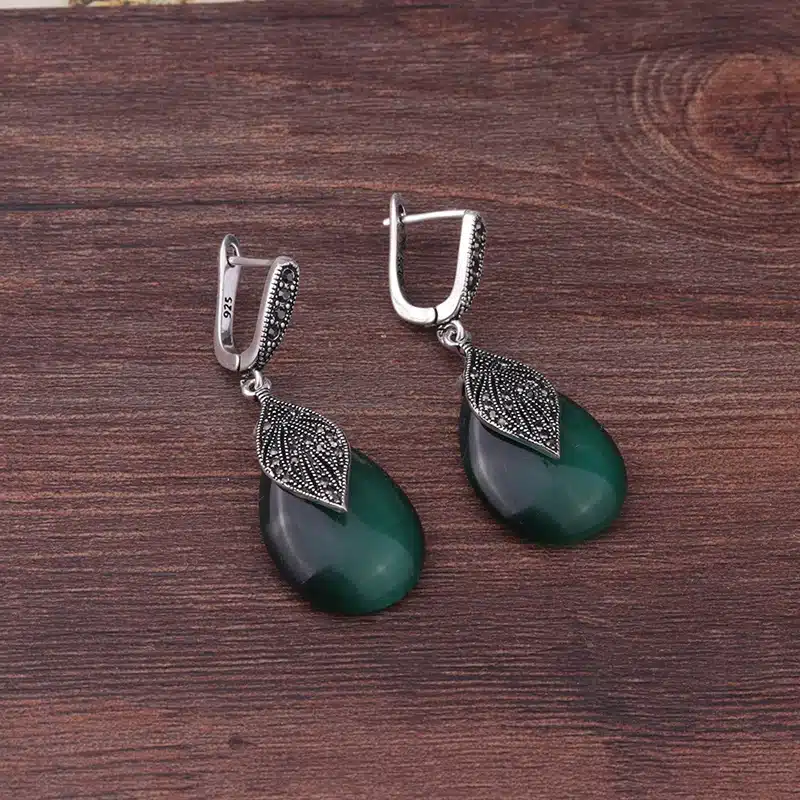 Feelgood Silver Color Vintage Jewelry Black Crystal And Green Opal Natural Stone Drop Earrings For Women Wedding Party Gift 17