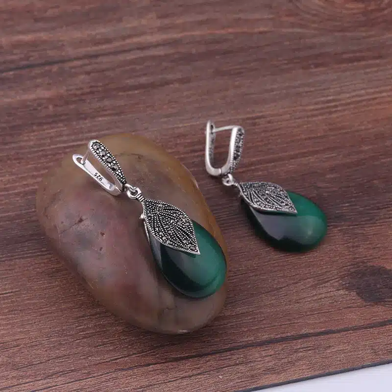 Feelgood Silver Color Vintage Jewelry Black Crystal And Green Opal Natural Stone Drop Earrings For Women Wedding Party Gift 18