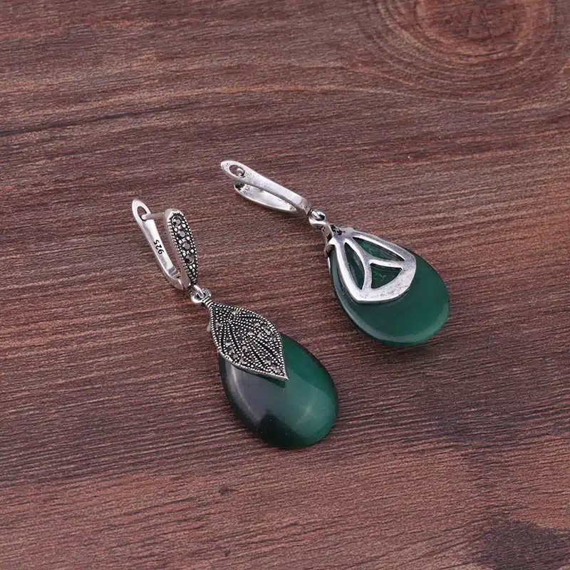 Feelgood Silver Color Vintage Jewelry Black Crystal And Green Opal Natural Stone Drop Earrings For Women Wedding Party Gift 19