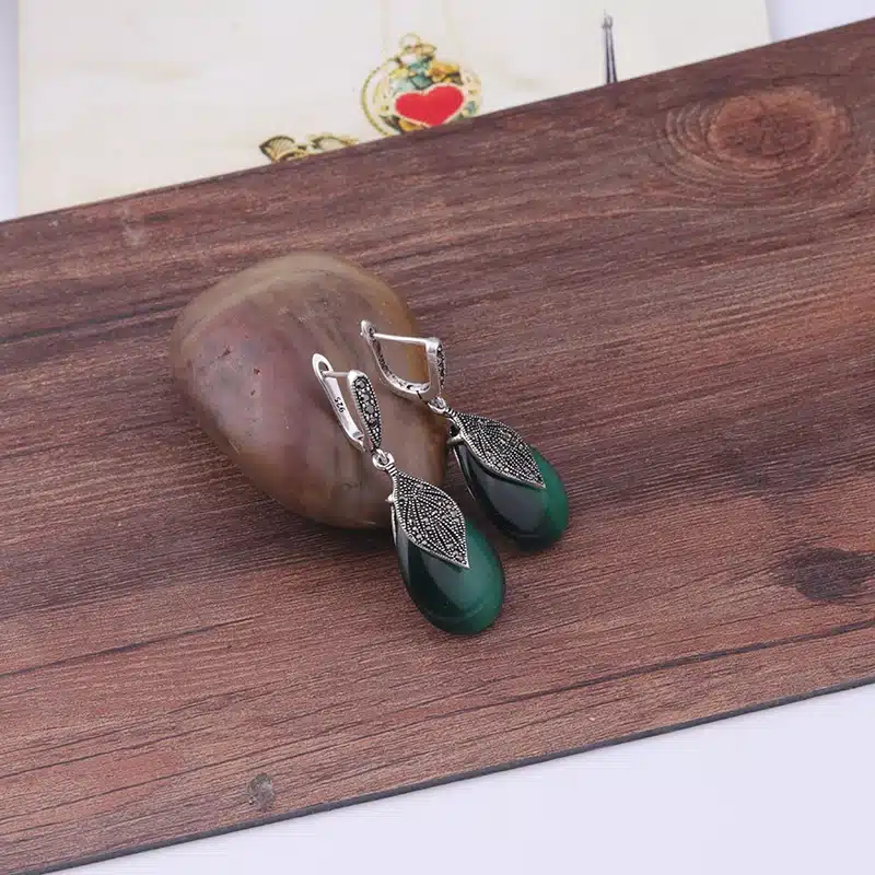 Feelgood Silver Color Vintage Jewelry Black Crystal And Green Opal Natural Stone Drop Earrings For Women Wedding Party Gift 20