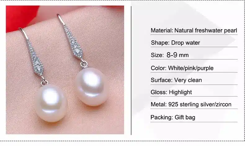2017 new style 100% natural freshwater pearl drop earrings 8-9mm real pearl 925 sterling silver zircon jewelry for women girls 17