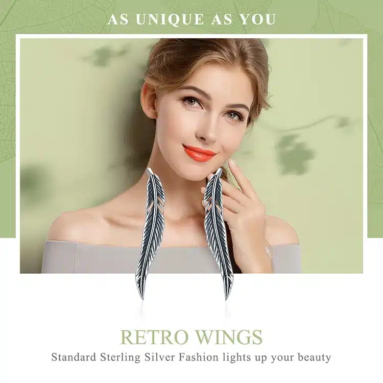 BAMOER Authentic 100% 925 Sterling Silver Feathers Wing Stud Earrings With White Clear CZ for Women Anniversary Jewelry SCE258 22