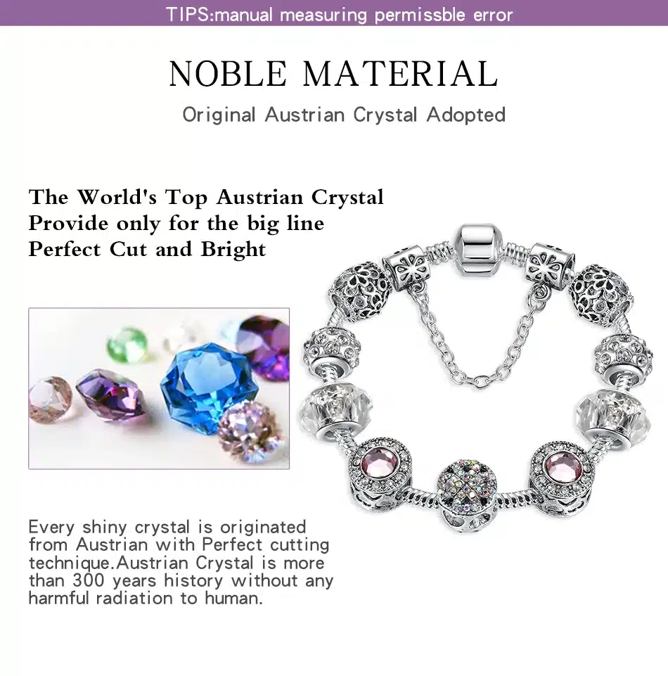 Original Silver 925 Crystal Four Leaf Clover Bracelet with Clear Murano Glass Beads Charm Bracelet Bangle for Women DIY Jewelry 38