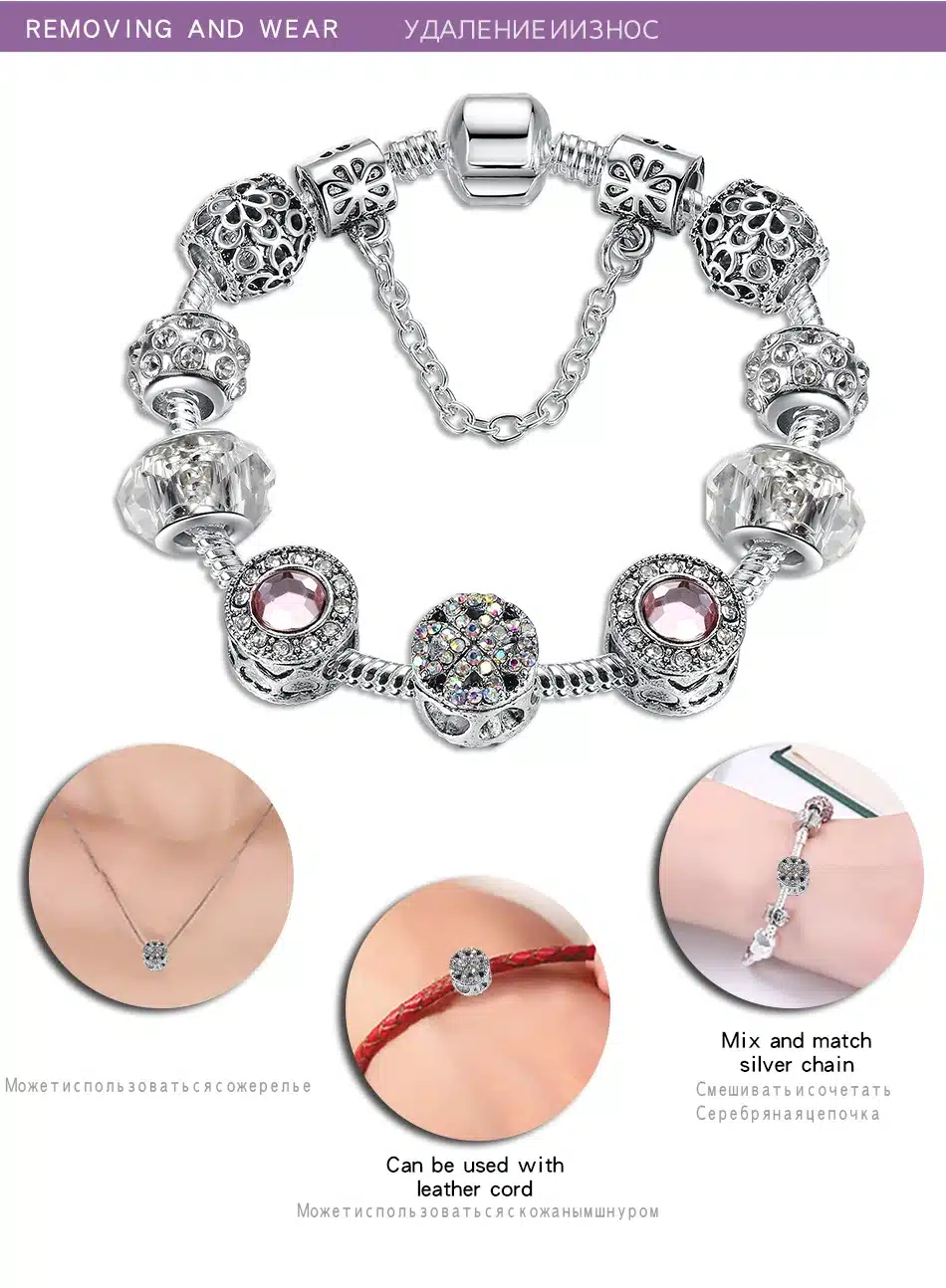 Original Silver 925 Crystal Four Leaf Clover Bracelet with Clear Murano Glass Beads Charm Bracelet Bangle for Women DIY Jewelry 40