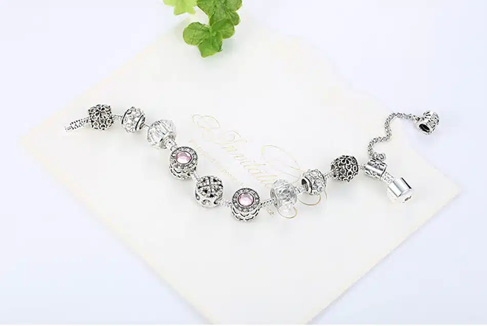 Original Silver 925 Crystal Four Leaf Clover Bracelet with Clear Murano Glass Beads Charm Bracelet Bangle for Women DIY Jewelry 44