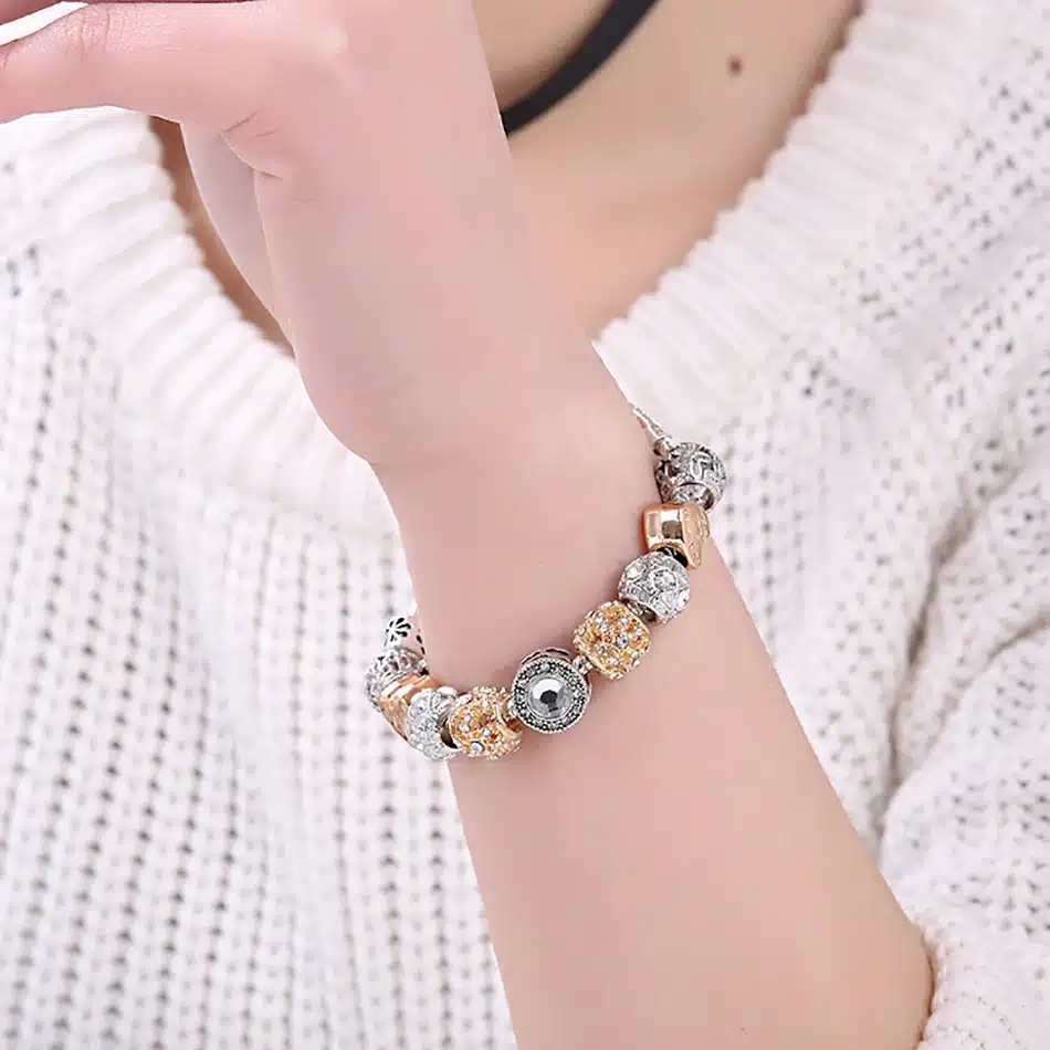 Original Silver 925 Crystal Four Leaf Clover Bracelet with Clear Murano Glass Beads Charm Bracelet Bangle for Women DIY Jewelry 49