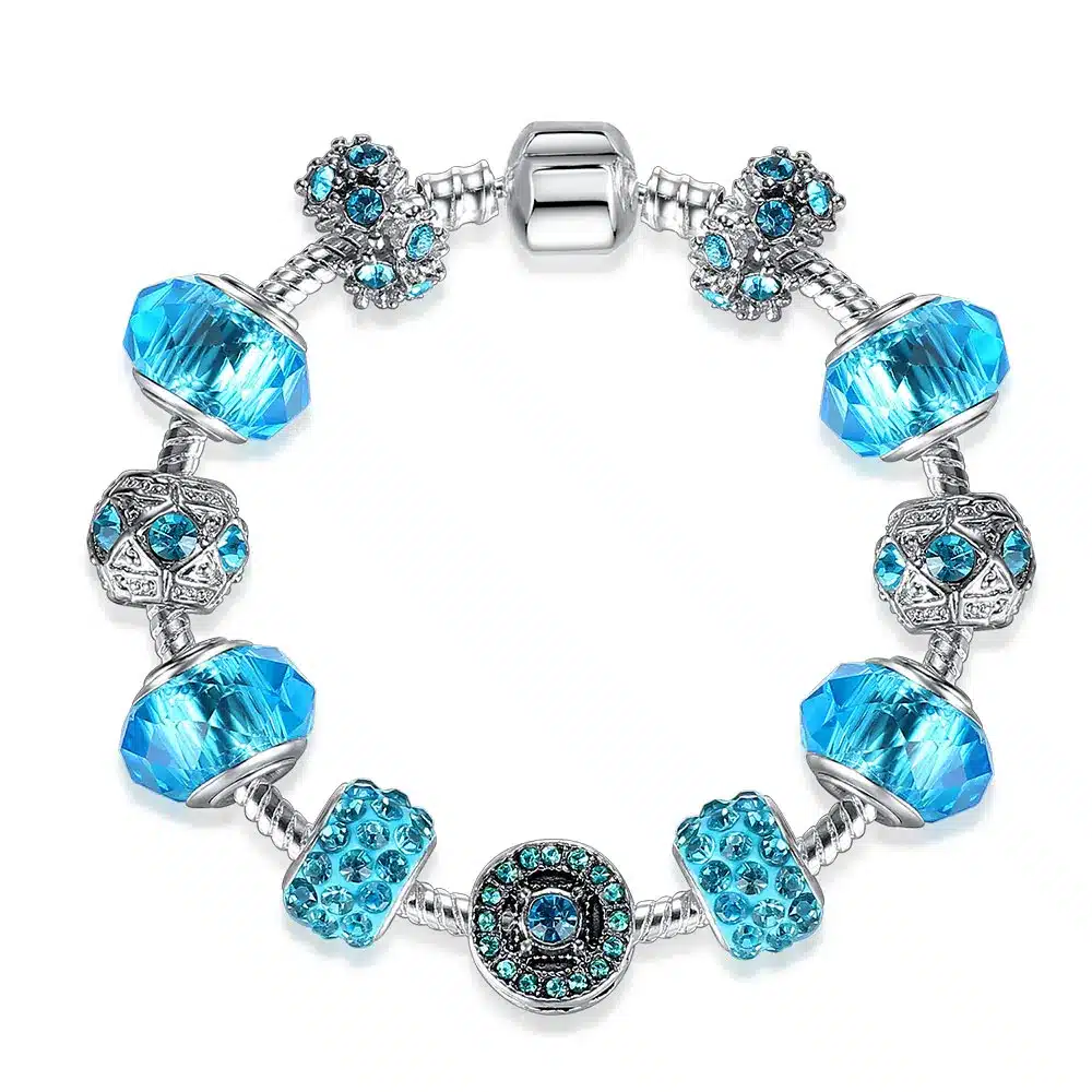 Original Silver 925 Crystal Four Leaf Clover Bracelet with Clear Murano Glass Beads Charm Bracelet Bangle for Women DIY Jewelry 51