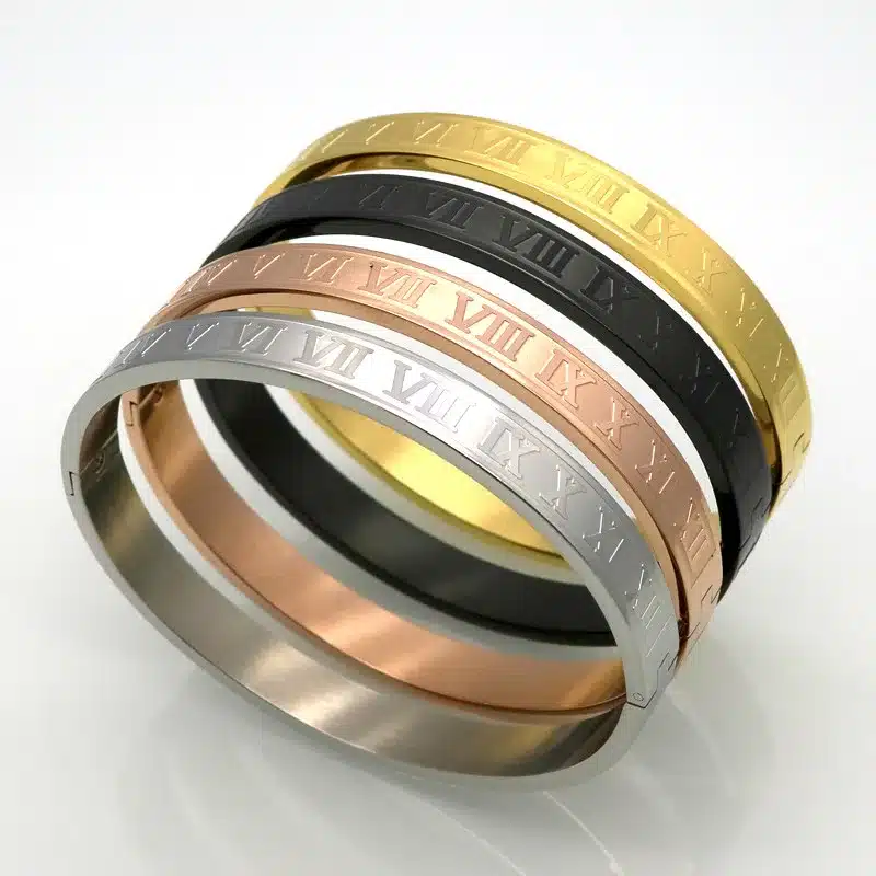 Men And Women Stainless Steel Rose Gold Color Couples Bracelet Carving Roman Numeral Lover Cuff Bracelet Bangle Wedding Jewelry 19