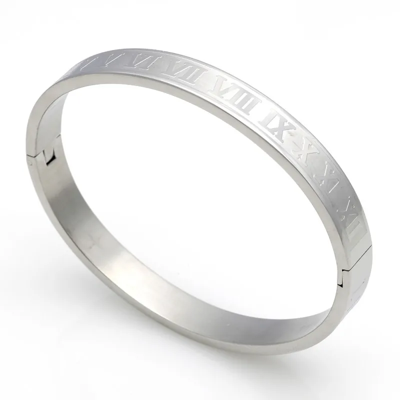 Men And Women Stainless Steel Rose Gold Color Couples Bracelet Carving Roman Numeral Lover Cuff Bracelet Bangle Wedding Jewelry 27