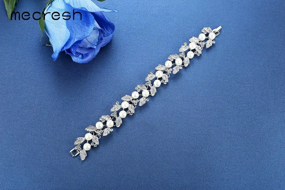 Mecresh Simulated Pearl Bridal Bracelets for Women Silver Color Crystal Friendship Bracelets & Bangles Wedding Jewelry SL089 23