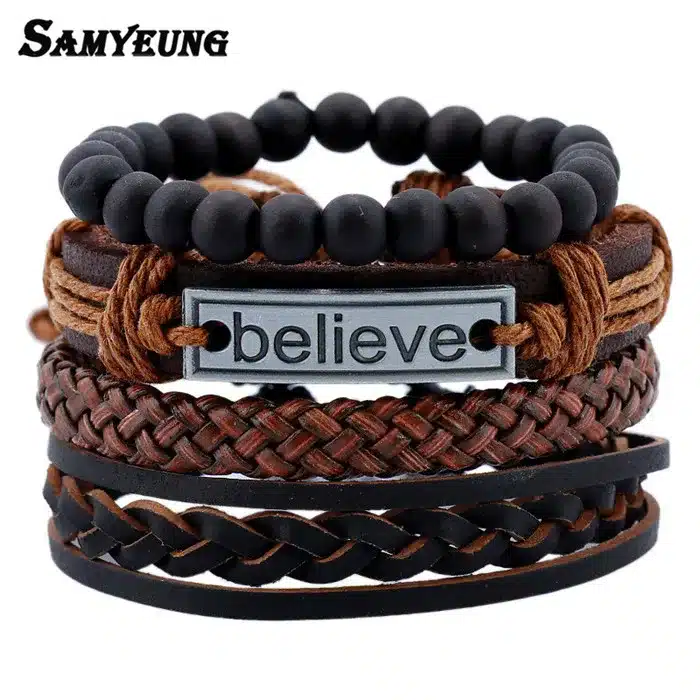 Samyeung 4 Pcs Genuine Leather Bracelets for Male Friendship Believe Bracelet Beads Braclet Women Braslet Men Pulseras Hombre 12