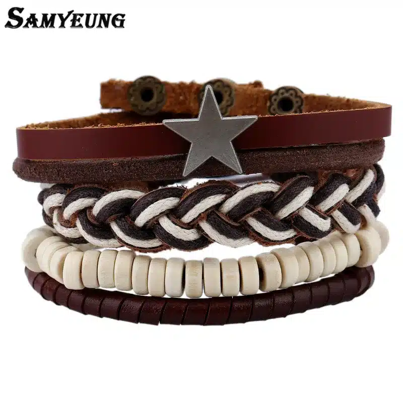 Samyeung 4 Pcs Genuine Leather Bracelets for Male Friendship Believe Bracelet Beads Braclet Women Braslet Men Pulseras Hombre 18