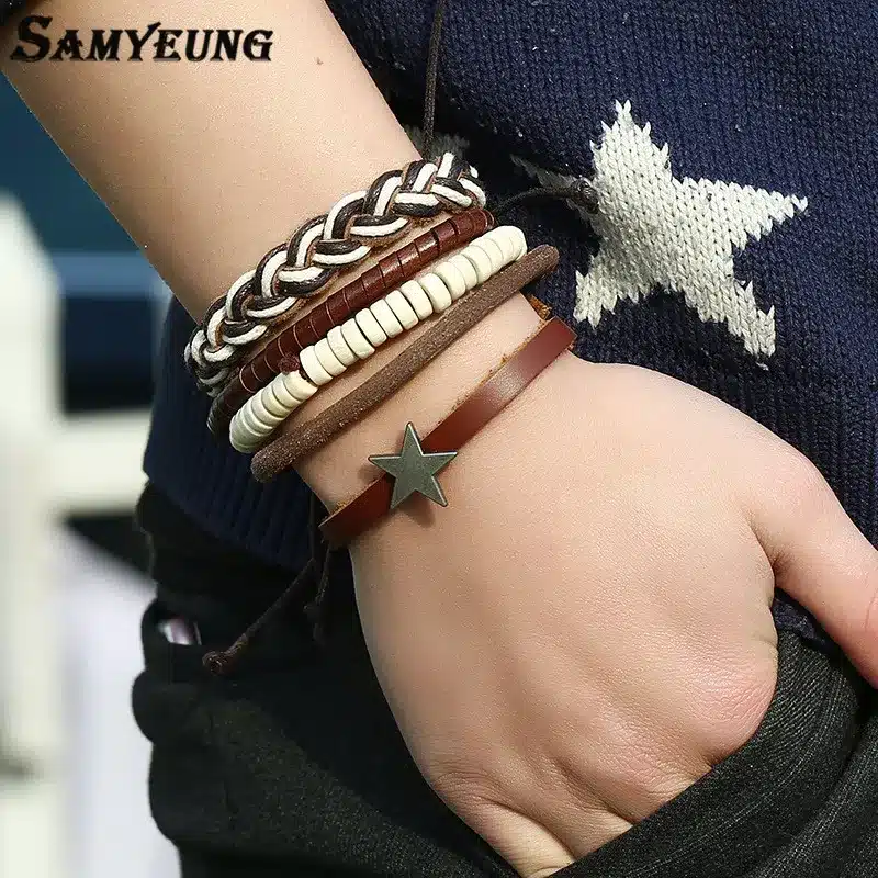 Samyeung 4 Pcs Genuine Leather Bracelets for Male Friendship Believe Bracelet Beads Braclet Women Braslet Men Pulseras Hombre 22