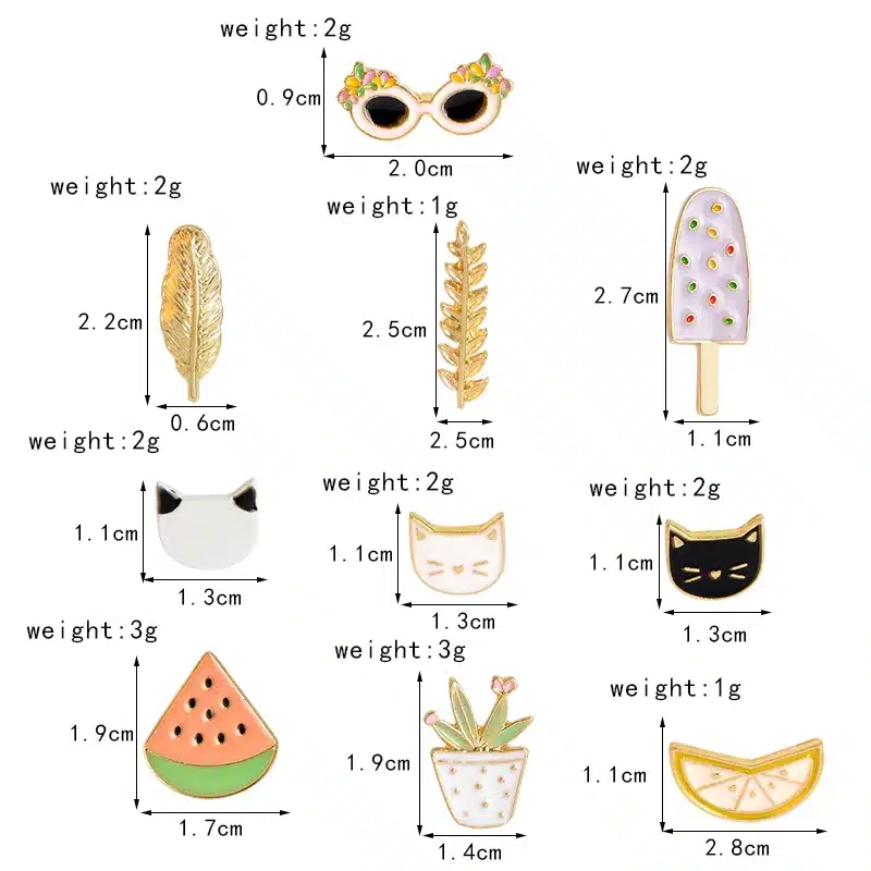 10 pcs/set Fashion Brooch Pins Button Cat kitten Lemon Leaves Potted plants Watermelon Popsicles Sunglasses Badge Summer Jewelry 11