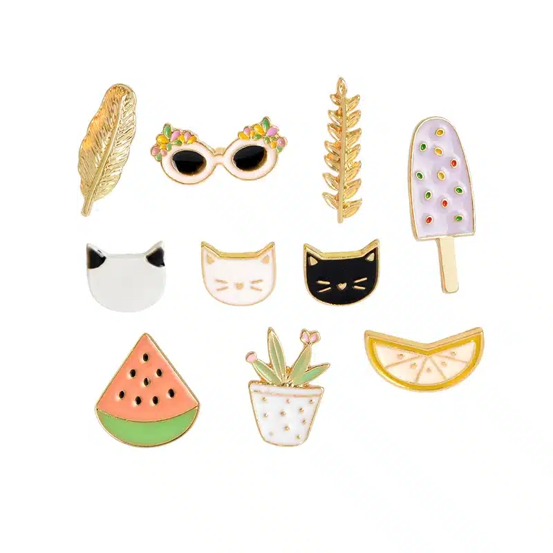 10 pcs/set Fashion Brooch Pins Button Cat kitten Lemon Leaves Potted plants Watermelon Popsicles Sunglasses Badge Summer Jewelry 14