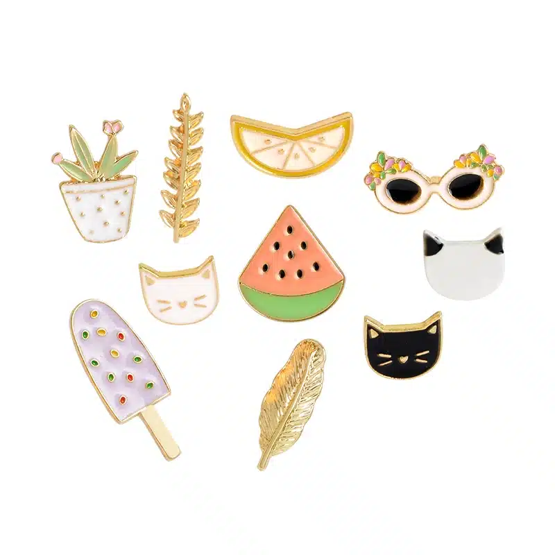 10 pcs/set Fashion Brooch Pins Button Cat kitten Lemon Leaves Potted plants Watermelon Popsicles Sunglasses Badge Summer Jewelry 15