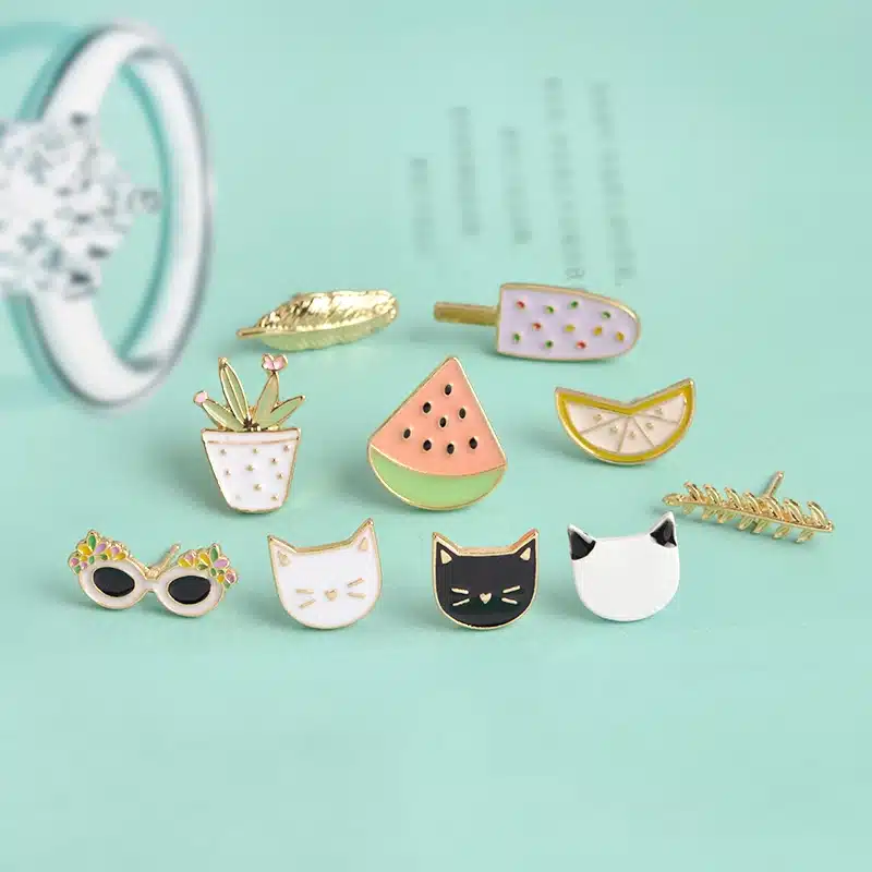10 pcs/set Fashion Brooch Pins Button Cat kitten Lemon Leaves Potted plants Watermelon Popsicles Sunglasses Badge Summer Jewelry 27