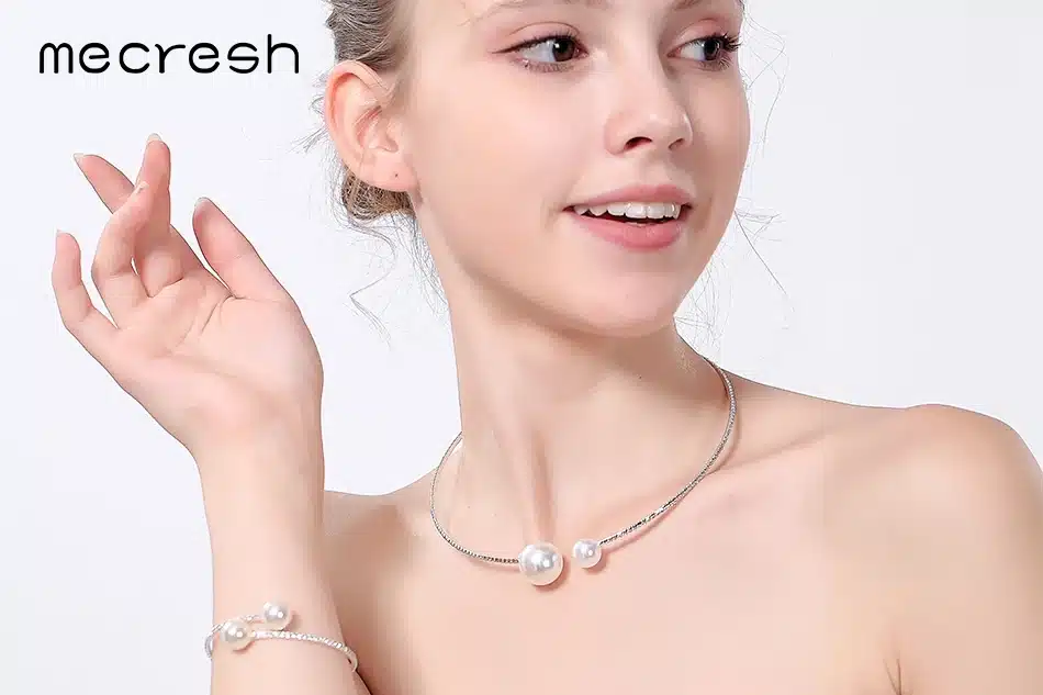 Mecresh Simple Simulated Pearl Bridal Jewelry Sets Crystal Fashion Wedding Jewelry Necklace Bracelet Sets for Women MTL415 24