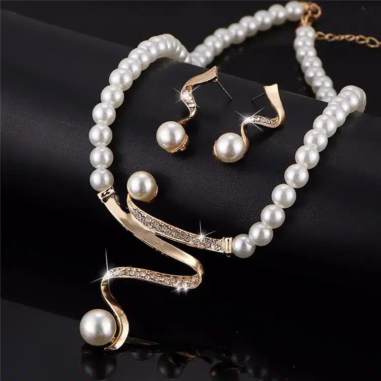 17KM Vintage Simulated Pearl Jewelry Sets For Women Wedding Bridal Crystal Necklace Earrings Gold Color Bracelet African Set 39