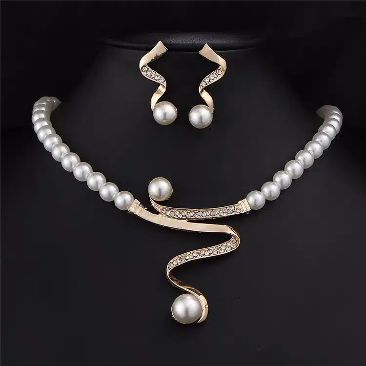 17KM Vintage Simulated Pearl Jewelry Sets For Women Wedding Bridal Crystal Necklace Earrings Gold Color Bracelet African Set 35
