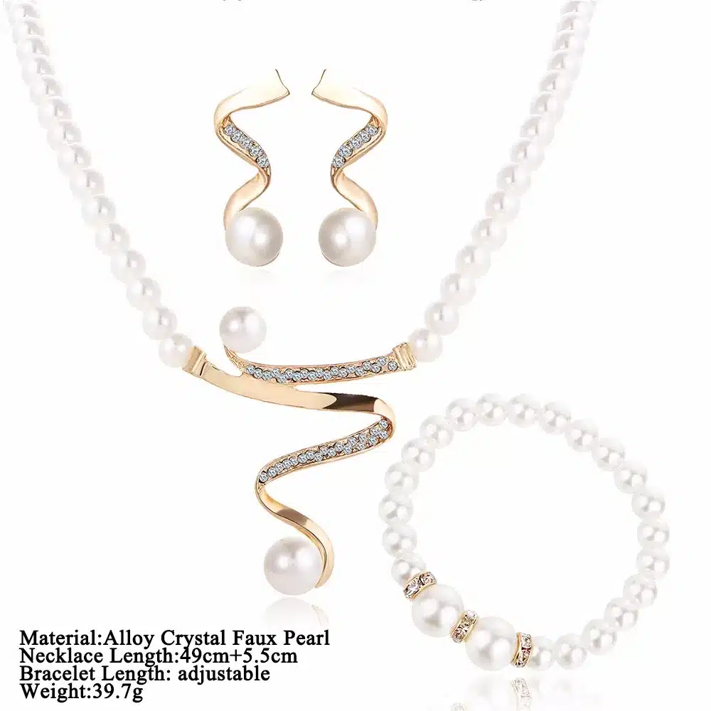17KM Vintage Simulated Pearl Jewelry Sets For Women Wedding Bridal Crystal Necklace Earrings Gold Color Bracelet African Set 37