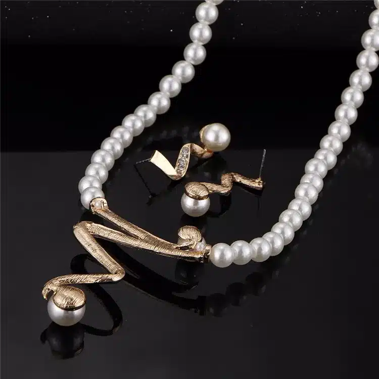 17KM Vintage Simulated Pearl Jewelry Sets For Women Wedding Bridal Crystal Necklace Earrings Gold Color Bracelet African Set 45
