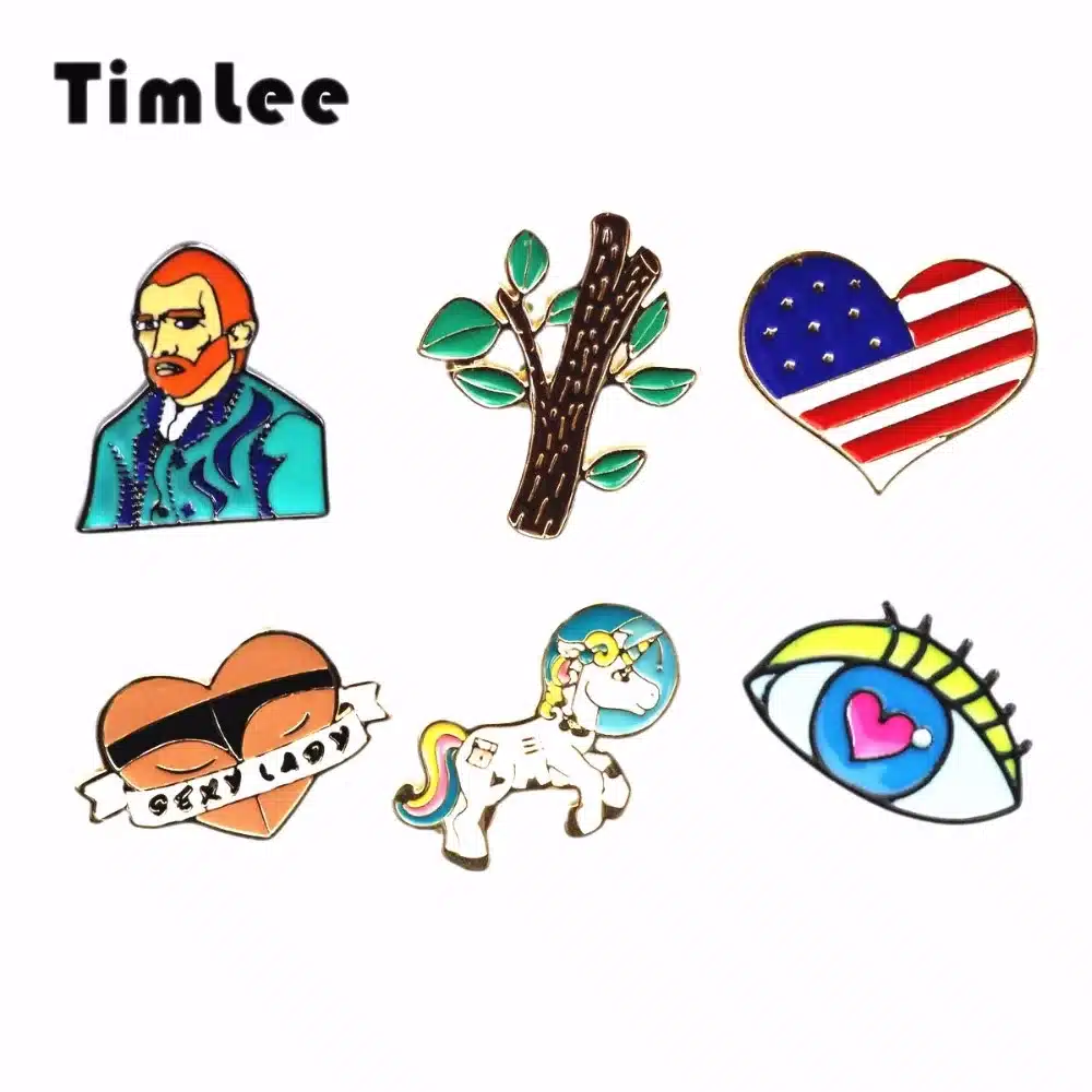 Timlee X303 Cute Van Gogh Heart Flag Tree Astronaut Rainbow Unicorn Pins Eyes Metal Brooch Pins, Fashion Jewelry Wholesale 10