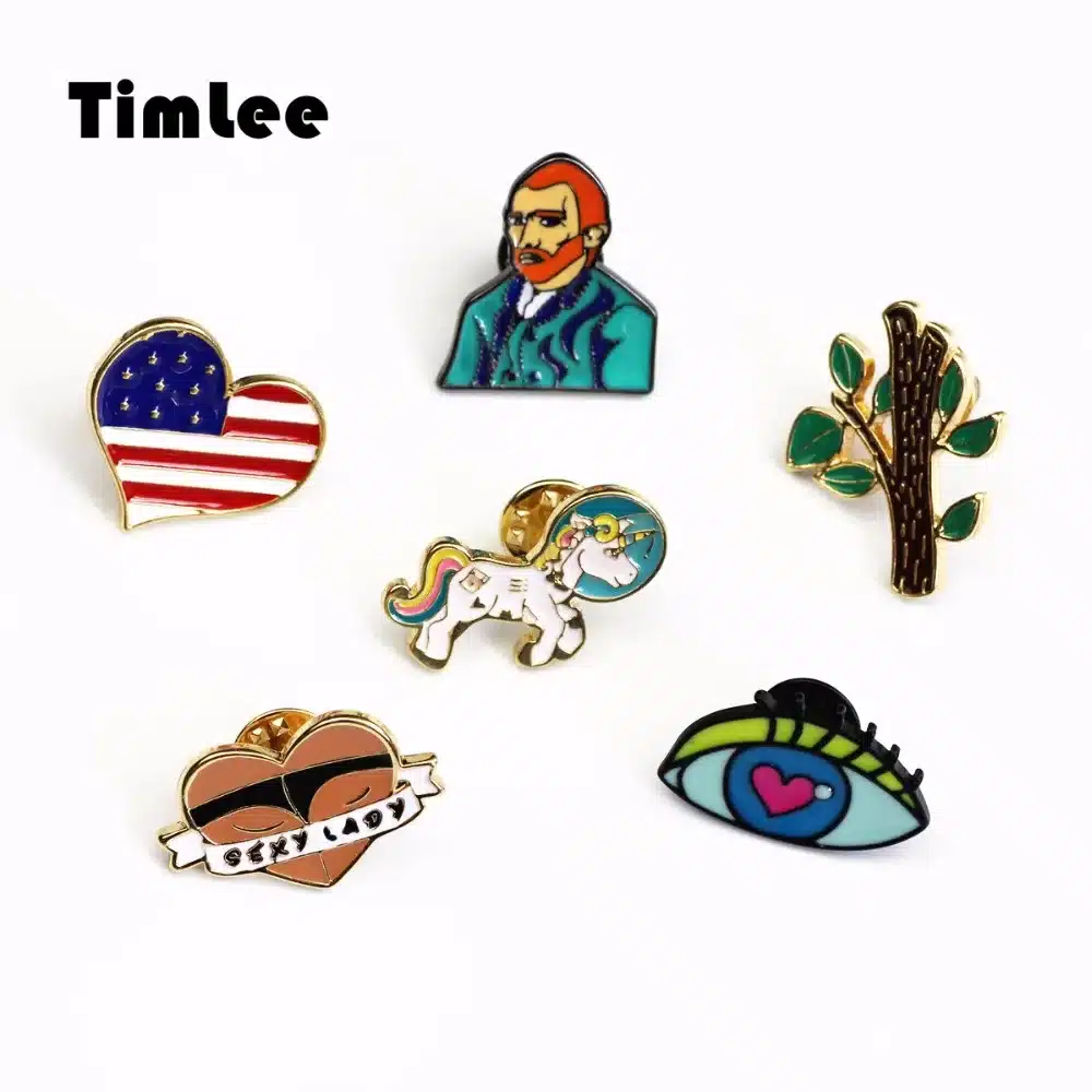 Timlee X303 Cute Van Gogh Heart Flag Tree Astronaut Rainbow Unicorn Pins Eyes Metal Brooch Pins, Fashion Jewelry Wholesale 14