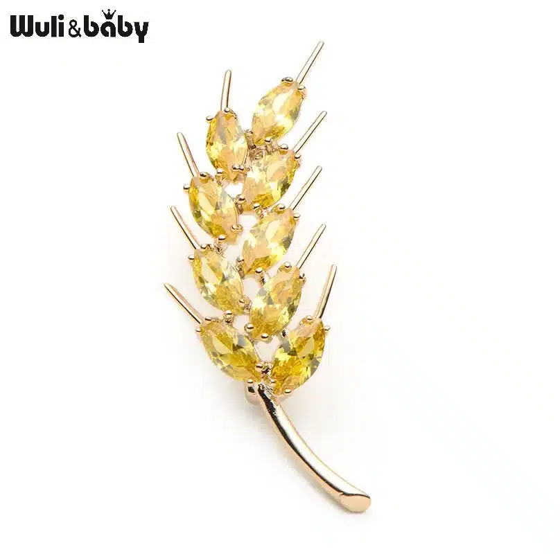 Wuli&Baby Copper Wheat 4.6*2.2cm Brooches For Women And Men Crystal Yellow White Fashion Wedding Broche Gift Scarf Pins 9