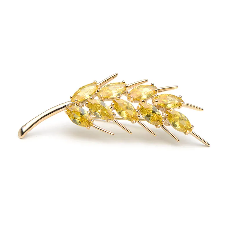 Wuli&Baby Copper Wheat 4.6*2.2cm Brooches For Women And Men Crystal Yellow White Fashion Wedding Broche Gift Scarf Pins 12