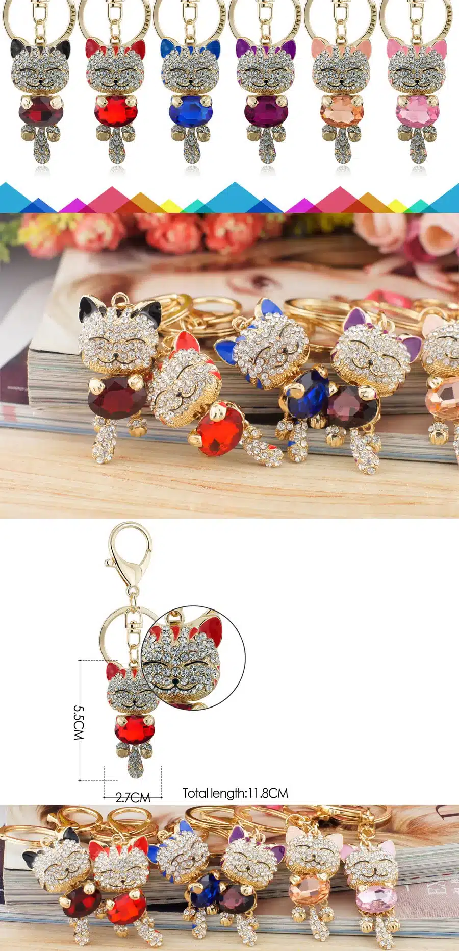 Lucky Smile Cat Crystal Rhinestone Keyrings Key Chains Holder Purse Bag For Car christmas Gift Keychains Jewelry llaveros K218 13