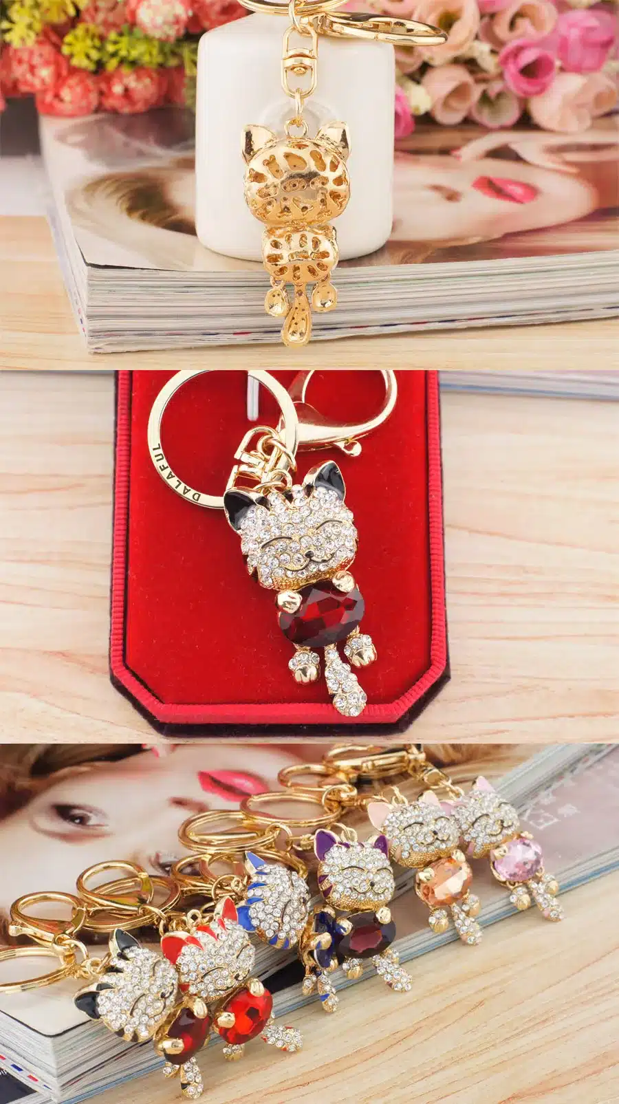 Lucky Smile Cat Crystal Rhinestone Keyrings Key Chains Holder Purse Bag For Car christmas Gift Keychains Jewelry llaveros K218 14