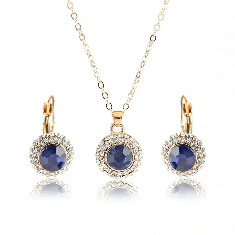 2017 Hot Sale Fashion Round Gold Color Crystal Pendants Necklace/Earrings Wedding Accessories Jewelry Sets For Women Purple 16