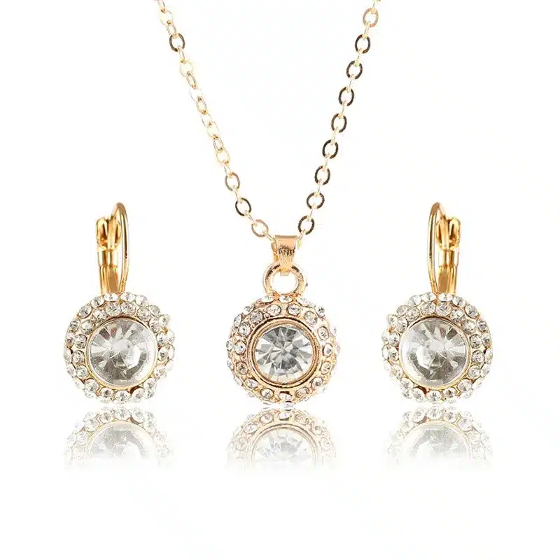 2017 Hot Sale Fashion Round Gold Color Crystal Pendants Necklace/Earrings Wedding Accessories Jewelry Sets For Women Purple 17