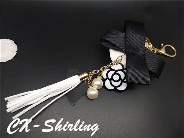 Black&White Male&Female Keychain for Bag Plush Car Key Ring Car Key Pendant Camellia Flower Hat Tassel cc Style Key Chain 14