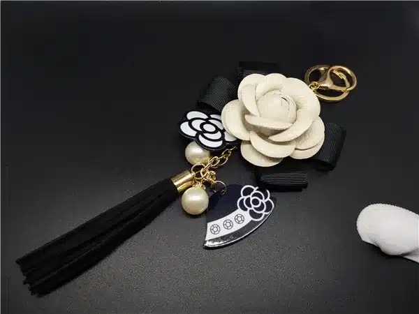 Black&White Male&Female Keychain for Bag Plush Car Key Ring Car Key Pendant Camellia Flower Hat Tassel cc Style Key Chain 17
