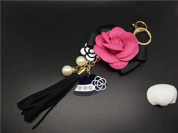 Black&White Male&Female Keychain for Bag Plush Car Key Ring Car Key Pendant Camellia Flower Hat Tassel cc Style Key Chain 21