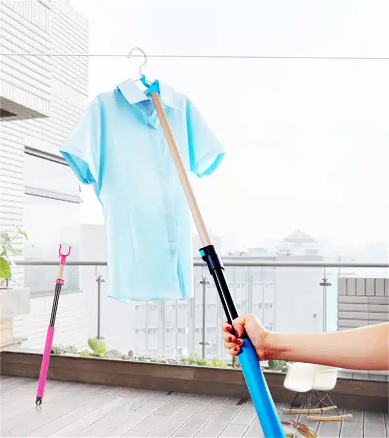 1.29m/0.77m Length Retractable Rods Adjustable Clothing Fork With Hanger Iron Pipe Clothesline Pole Pick Clothes Hanger 2