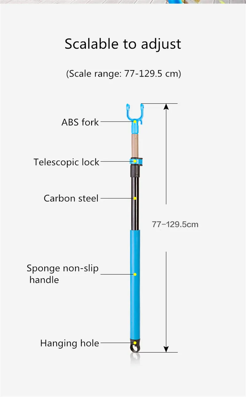 1.29m/0.77m Length Retractable Rods Adjustable Clothing Fork With Hanger Iron Pipe Clothesline Pole Pick Clothes Hanger 3