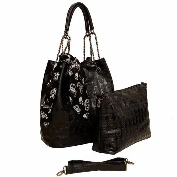 HISUELY 2017 Vintage Skull Shoulder Bags Women Bucket Pu Leather With Silk Female Black Handbags Ladies Casual Chain Tote Bag 13
