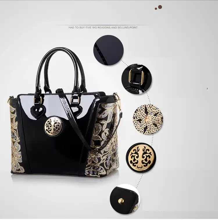 New Luxury Europe Fashion Women Bag Embroidery Sequined Chains Patent Leather Famous Brand Shoulder Handbag Ladies Messenger Ba 48