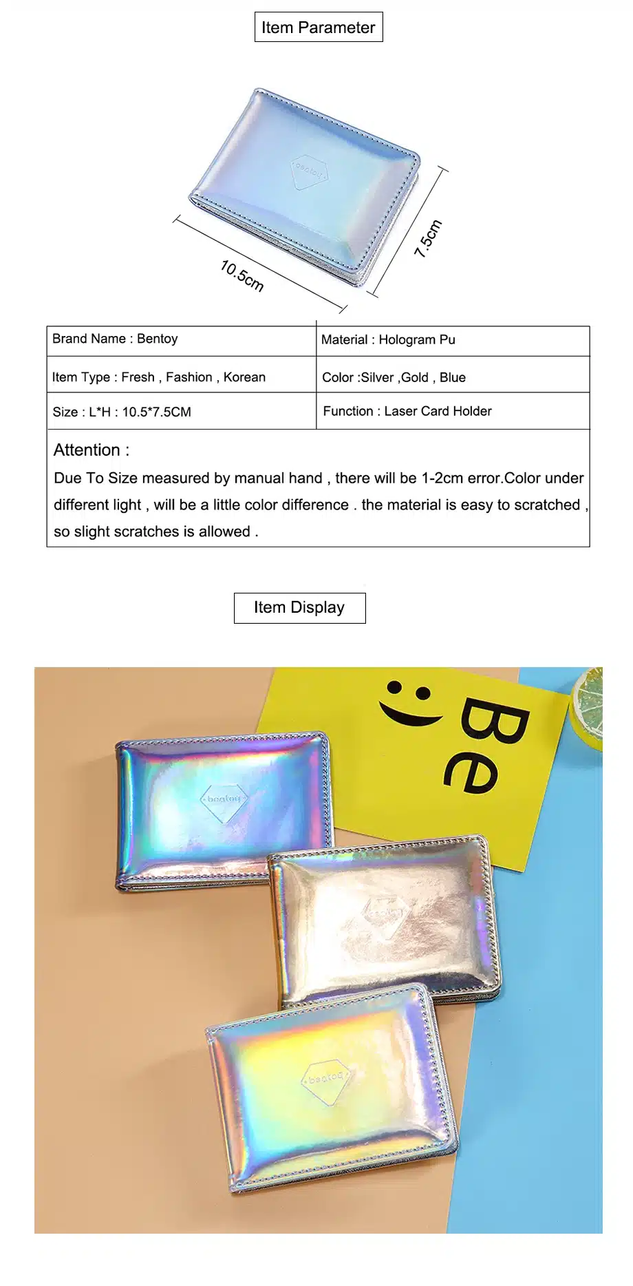 Bentoy Brand Women Hologram Purse Leather Clutch Wallet Female Driving Card Cover Credit Card Business Card Holder Organizer 2