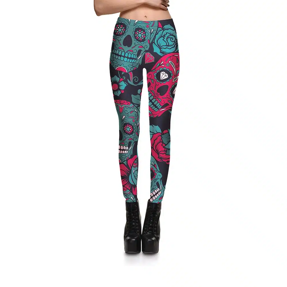 Qickitout Wholesale Slim Women's Black Pants New Digital Printing Green&red Skull Leggings Pants Elastic DropShipping 2