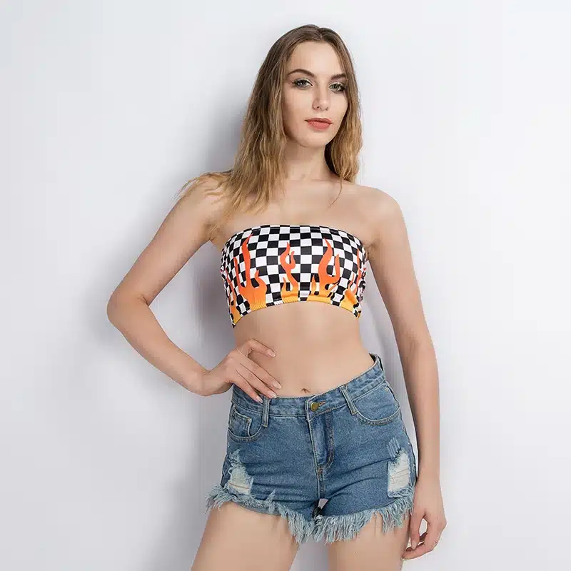Weekeep 2017 Summer Women Sexy Strapless Tube Top Printed Bandeau Sleeveless Crop Top Jaded London Flames Checkered Wrap Chest 10
