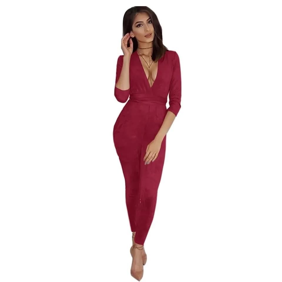 Sedrinuo 2017 casual fashion overalls deep v neck suede belt bodycon jumpsuit romper Bodie Autumn fitness women party jumpsuits 36