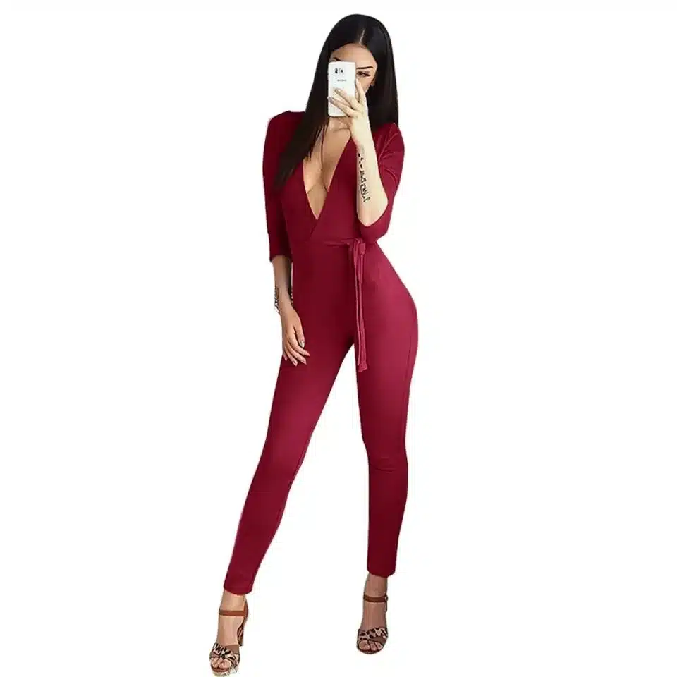 Sedrinuo 2017 casual fashion overalls deep v neck suede belt bodycon jumpsuit romper Bodie Autumn fitness women party jumpsuits 37