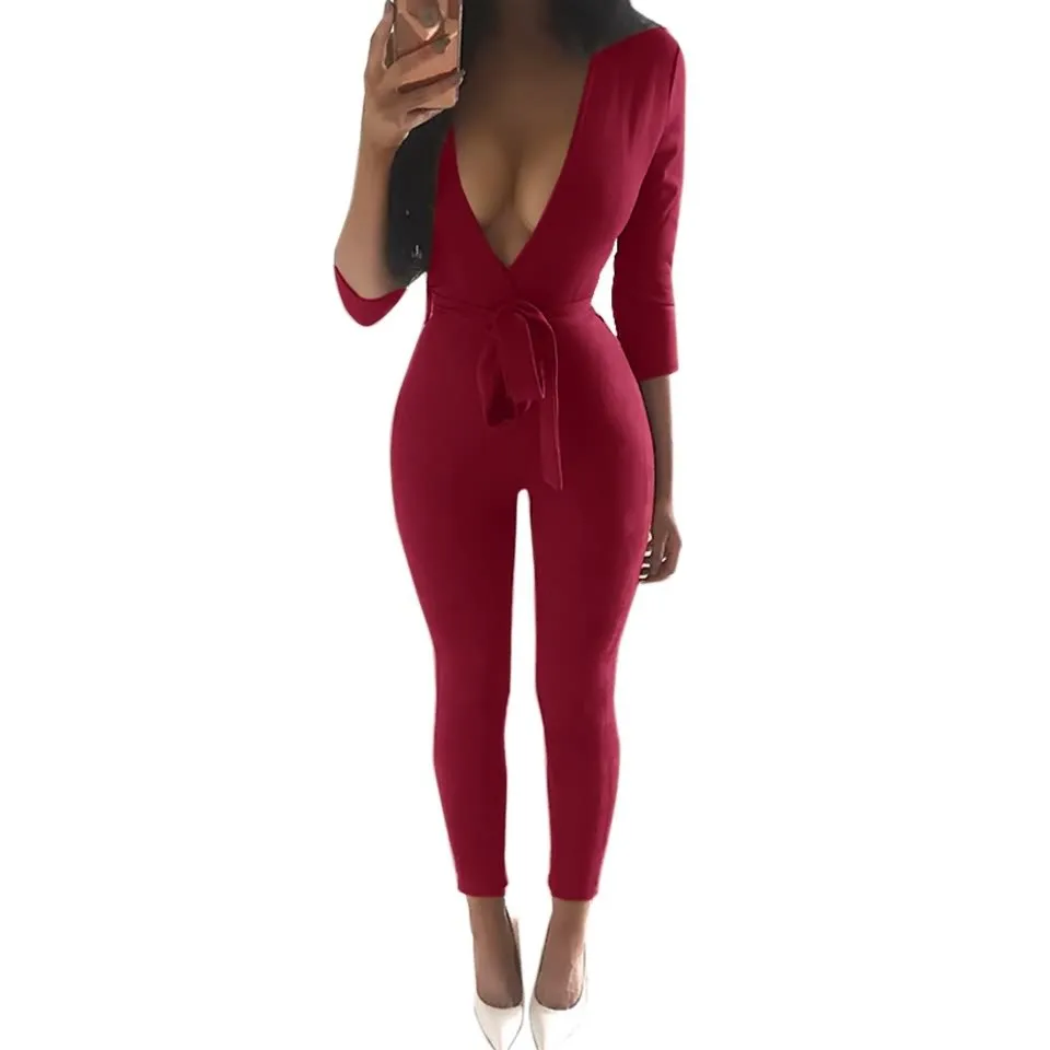 Sedrinuo 2017 casual fashion overalls deep v neck suede belt bodycon jumpsuit romper Bodie Autumn fitness women party jumpsuits 39