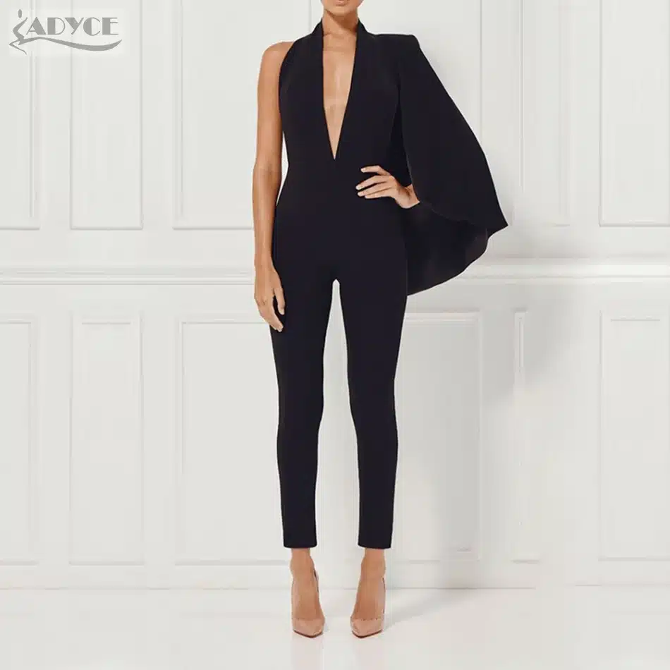 2018 Women Celebrity Runway Jumpsuit Black Deep V-Neck Halter half Batwing Sleeve Rompers Woman Jumpsuit Sexy Bodycon Bodysuits 10
